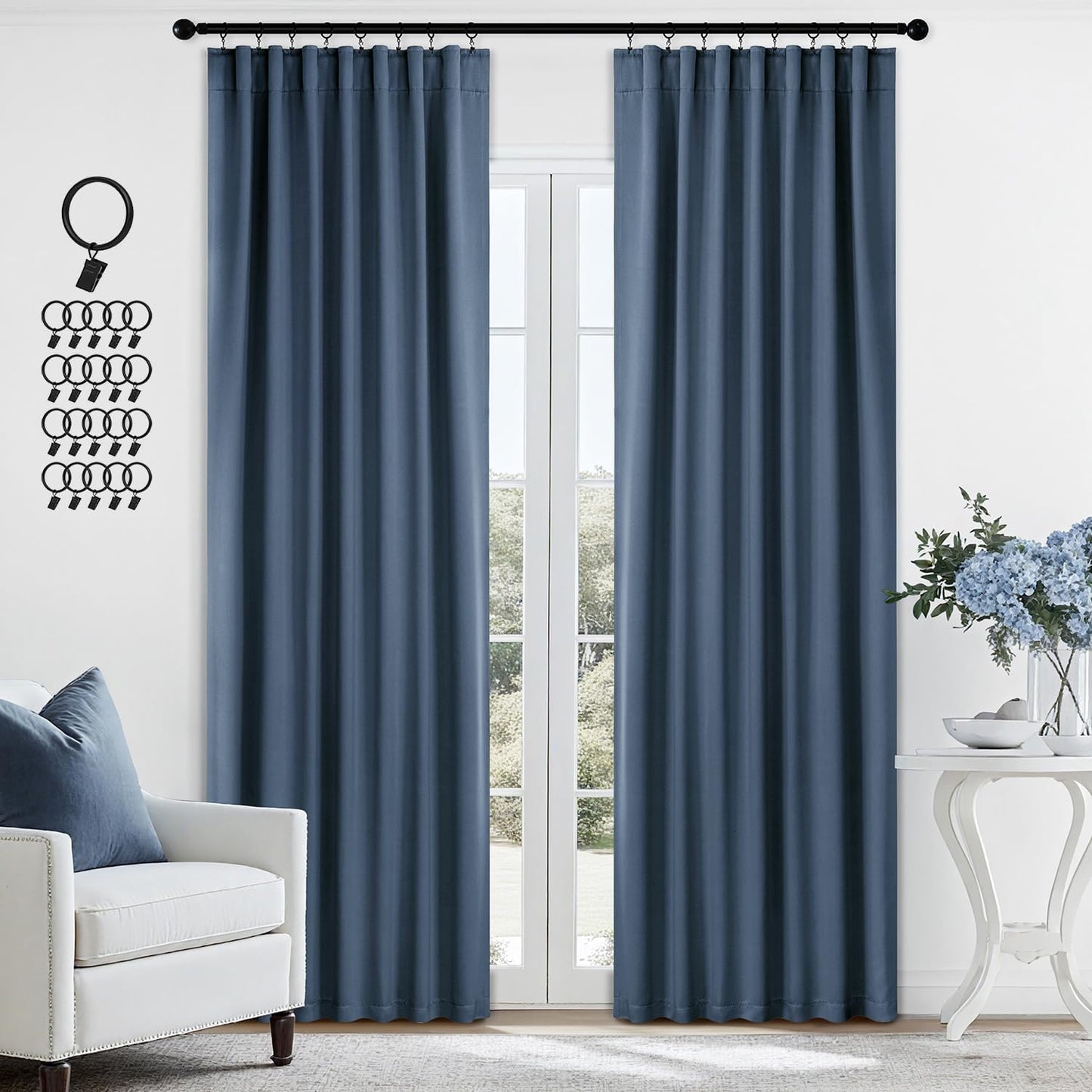 ANRODUO Back Tab Blackout Curtains for Bedroom Living Room, Rod Pocket Pinch Pleated Thermal Insulated Room Darkening Curtains 84 Inches Long 2 Panels, Stone Blue, 42 x 84 Inch