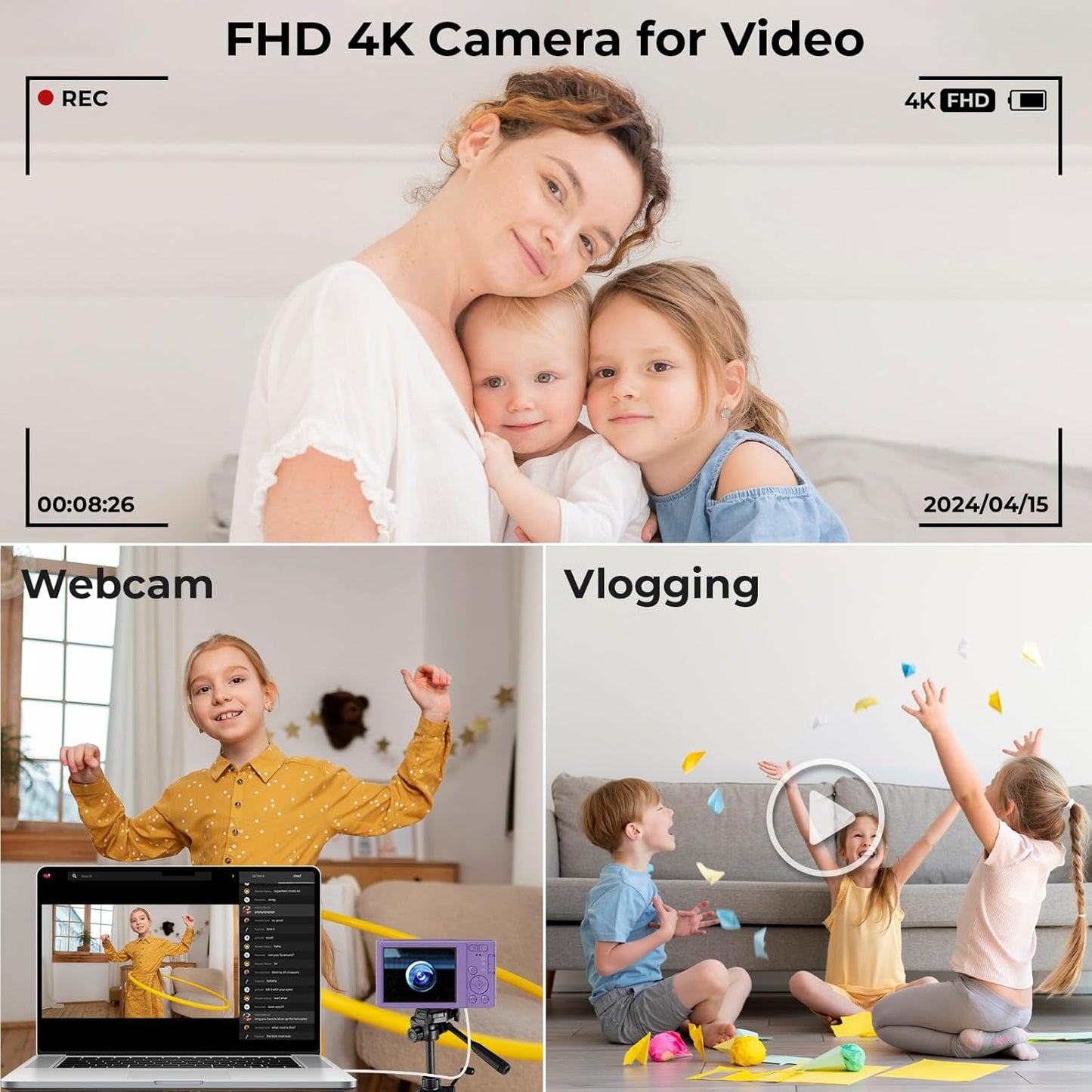 Digital Camera, FHD 4K 44MP Digital Camera, 16X Digital Zoom, Digital Point and Shoot Camera with 3-LED Fill Lights, 64GB SD Card, Compact Camera for Kids Teen Boys Girls, Purple