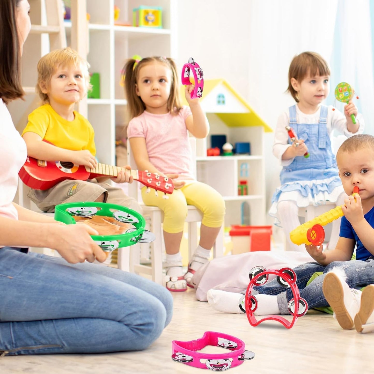 60 PCS Multicolored Tambourines for Kids - 4 Bells Handheld Musical Instruments and Noise Makers Perfect for School Supplies Church Kindergarten Weddings Christmas Parties and Group Performances