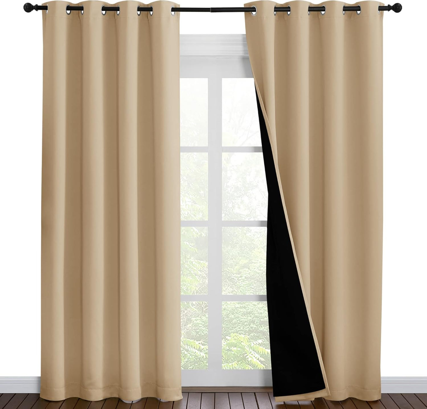 NICETOWN Living Room Completely Shaded Draperies, Privacy Protection & Noise Reducing Ring Top Drapes, Black Lined Insulated Window Treatment Curtain Panels(Biscotti Beige, 2 Pieces, W55 x L86)