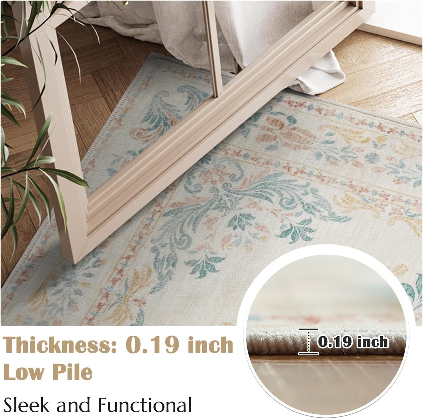 jinchan Vintage Floral Runner Rug 2x5 - Machine Washable Distressed Design Non-Slip Low-Pile Soft Thin Carpet for Hallway Kitchen Farmhouse Bedroom Entryway Laundry Room (2x5ft,Apricot Multi)