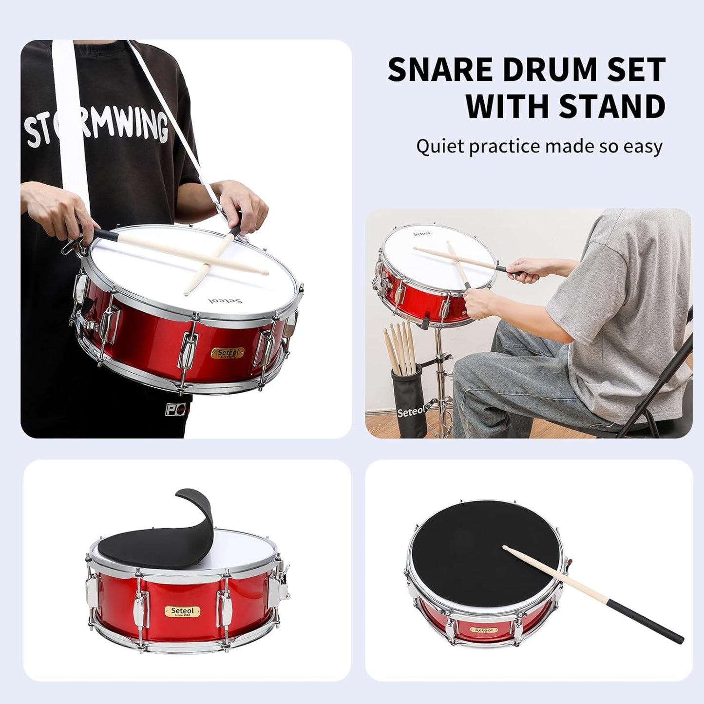 Snare Drum Kit, 14" x 5.5" Marching Snare Drum + Storage Padded Bag + Silent Mute Pad + A Pair Of 5A Drumsticks + Drums Key, Portable Drums Hardware Set for Adults Kids Student Beginners (Red)