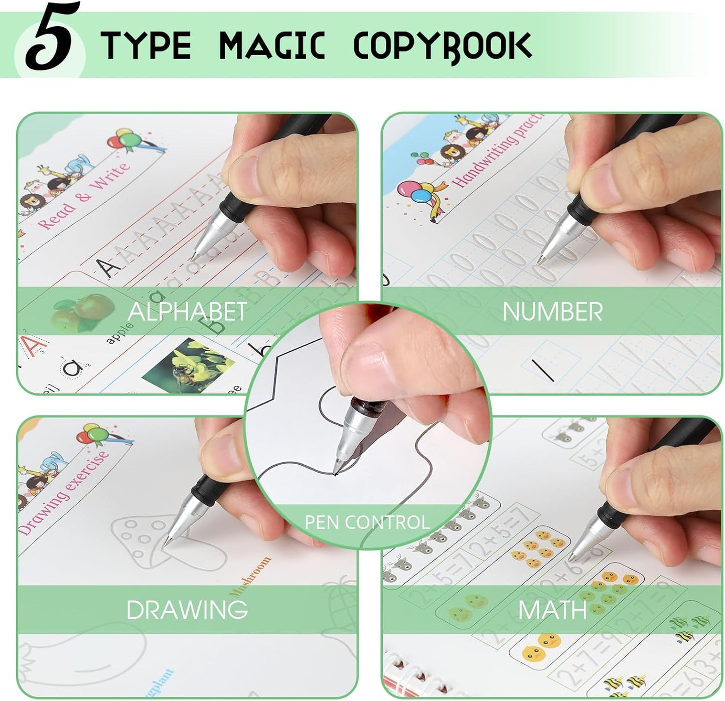 Monking Large Magic Practice Copybook for Kids,Handwriting Grooved Practice Book 5 Pack with Pen Refill English Cursive Calligraphy Reusable Age 3-8