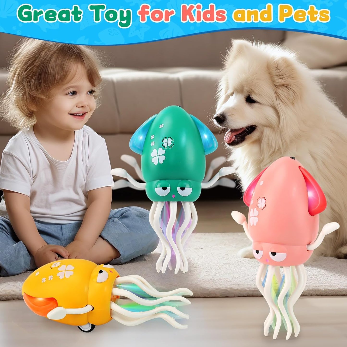 USB Rechargeable Dancing Octopus Baby Toy - Electric Crawling & Tummy Time Toy, Magical Musical Squid, Stress-Relief Desk Decor - Birthday for Kids Ages 1 2 3 4 5 6 Girls (Pink)