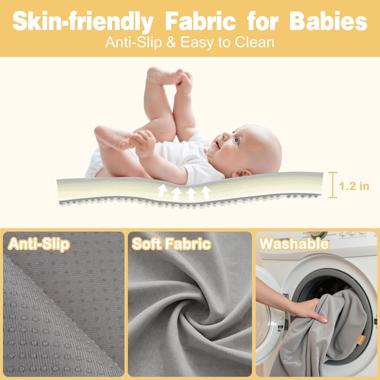 71" ×59" Padded Baby Play Mat for Floor, 1.2" Thick Memory Foam Mat with Machine Washable Cover, Soft Tummy Time Crawling Playmat with Non-Slip Bottom, Fits 71" x59" Playpens