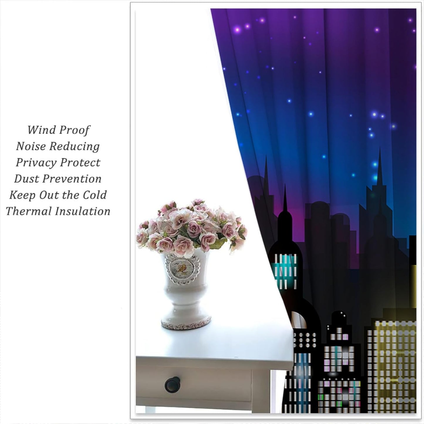 Superhero Rod Pocket Blackout Curtains for Boy Girl Bedroom, Super City Skyline Buildings Night Panorama Home Energy Efficient Light Filtering Window Curtain for Living Room, 84x84 inch