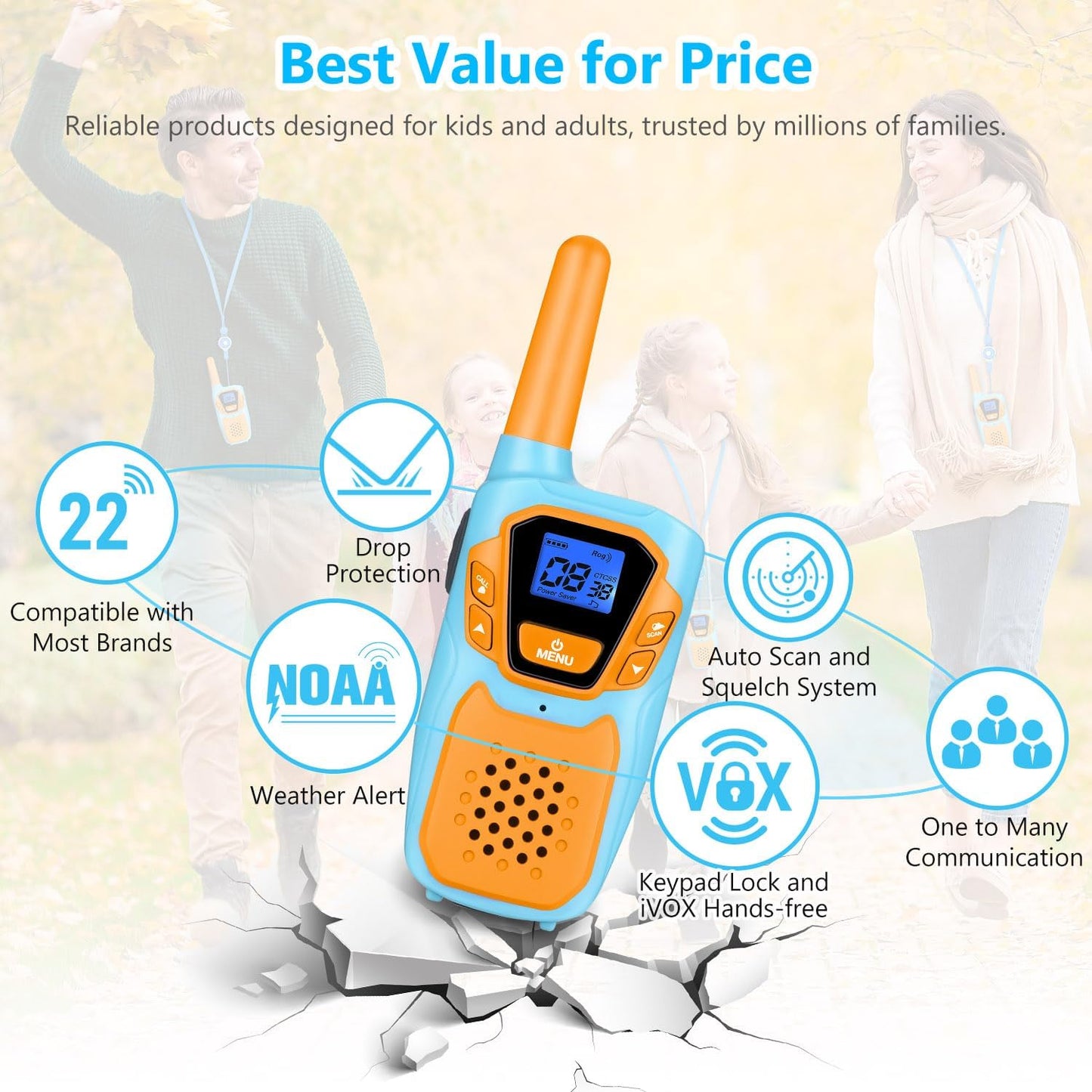 Walkie Talkies for Kids Rechargeable Walkie-Talkie for Adults Long Range FRS 2 Way Radio 3 Pack with Lanyard Battery 4 Miles NOAA USB, Family Toys for 3-12 Year Old Girls Boys Toddlers Camping