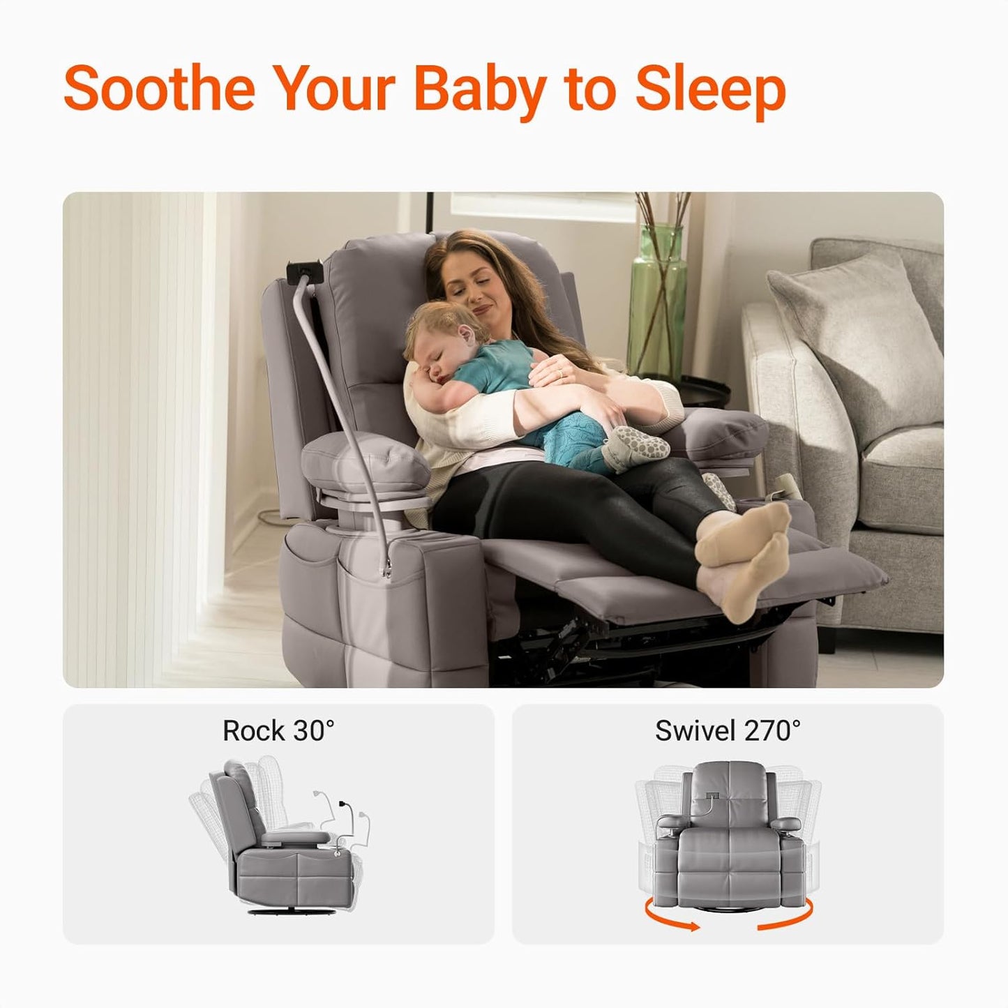 Rocking Chair Nursery with Adjustable Armrests, Electric Glider Recliner Nursing Chair for Breastfeeding, Power Swivel Recliner Chairs with USB Port and Storage, FSC Certified (Haze)