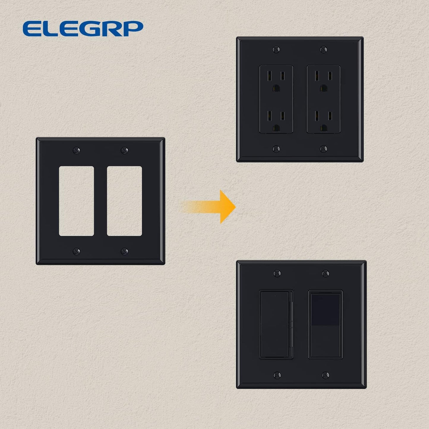 ELEGRP 2-Gang Decorative Wall Plates, Mid-Size 4.88" H x 4.94" L Unbreakable Thermoplastic Faceplate Cover for Decorator Receptacle Outlet Switch, UL Listed (2 Pack, Glossy Black)