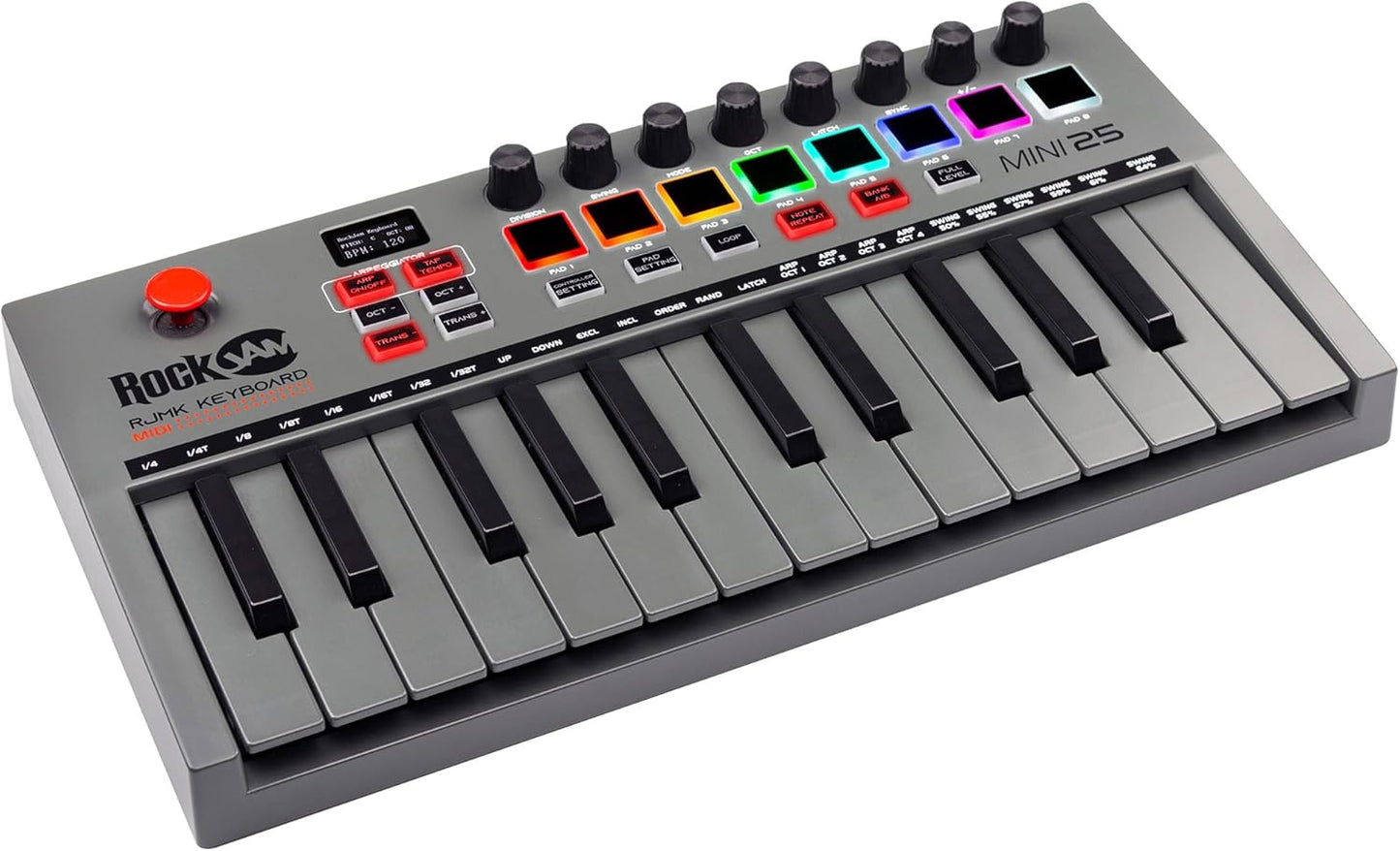 RockJam, Go 25 Key USB and Bluetooth MIDI Keyboard Controller with 8 Backlit Drum Pads, 8 Knobs, One-Size (RJMK25)