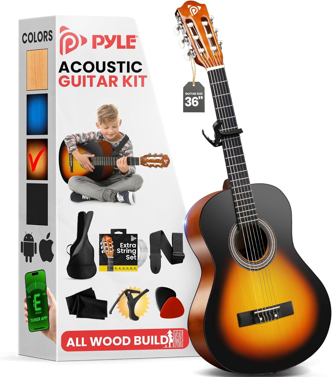 Pyle Beginner Acoustic Guitar Kit, 3/4 Junior Size All Wood Build Nylon String Instrument with Capo, Strap, Extra String Set, Gig Bag, Guitars for Beginners Adults Youth, 36" Sunburst Teardrop Gloss