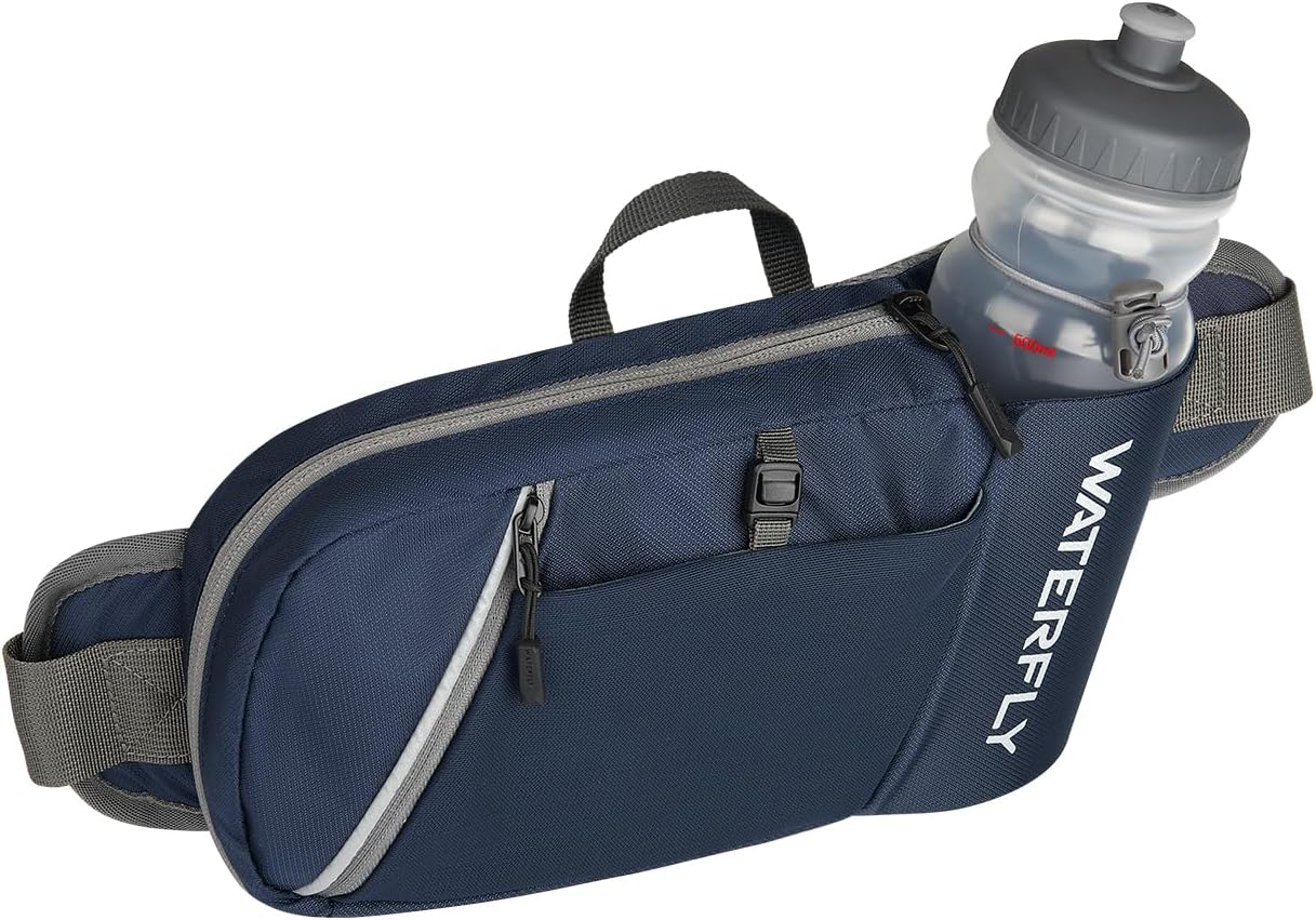 WATERFLY Fanny Pack Waist Bag: Hiking Water Bottle Holder with Strap Waist Pack for Women Men Hydration Hip Packs for Running Walking Traveling-Navy Blue