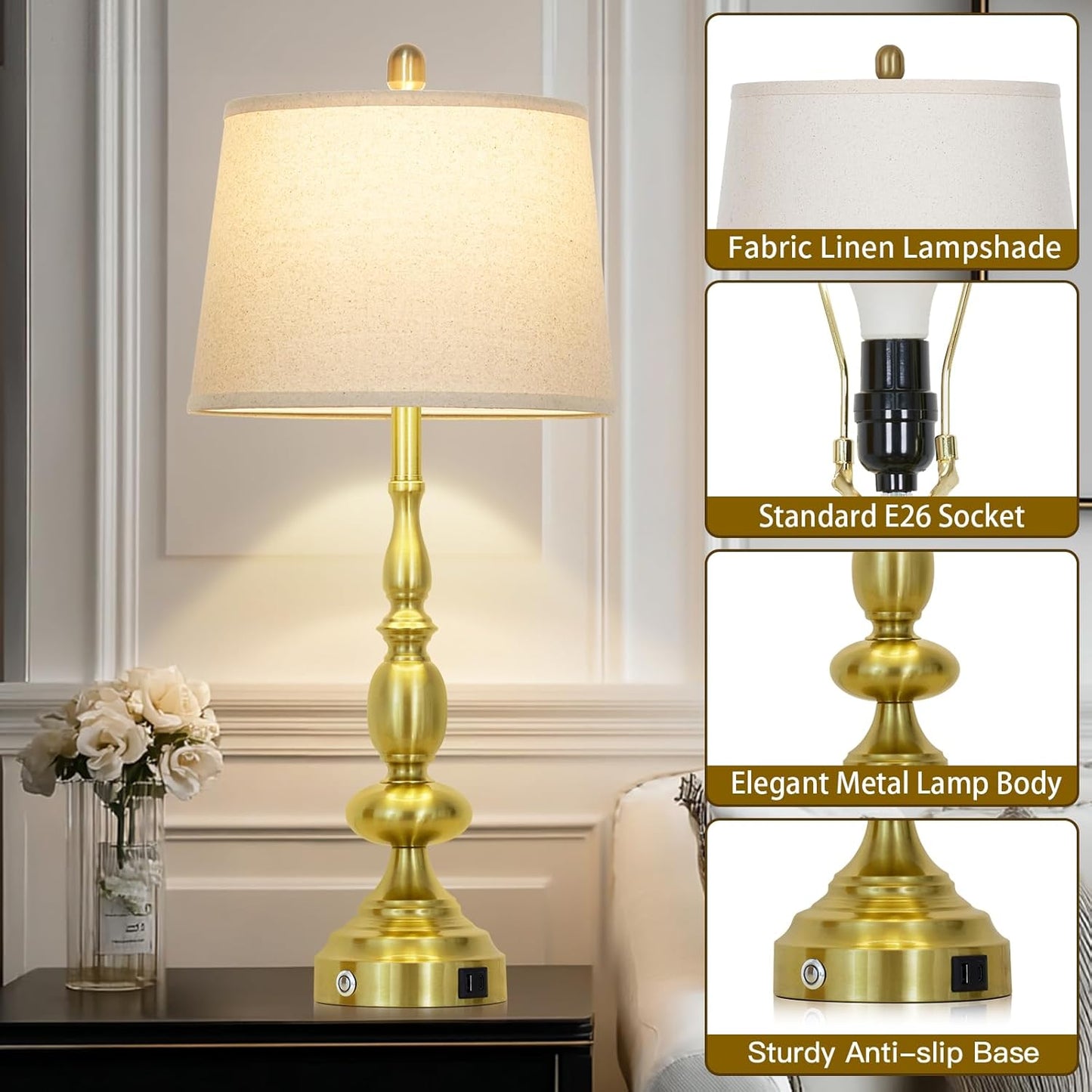 29" Modern Gold Table Lamps Set of 2, Industrial Touch Control 3-Way Dimmable Bedside Lamp with USB C+A Ports, Metal Farmhouse Nightstand Lamps for Living Room Bedroom End Tables(2 LED Bulbs Included)