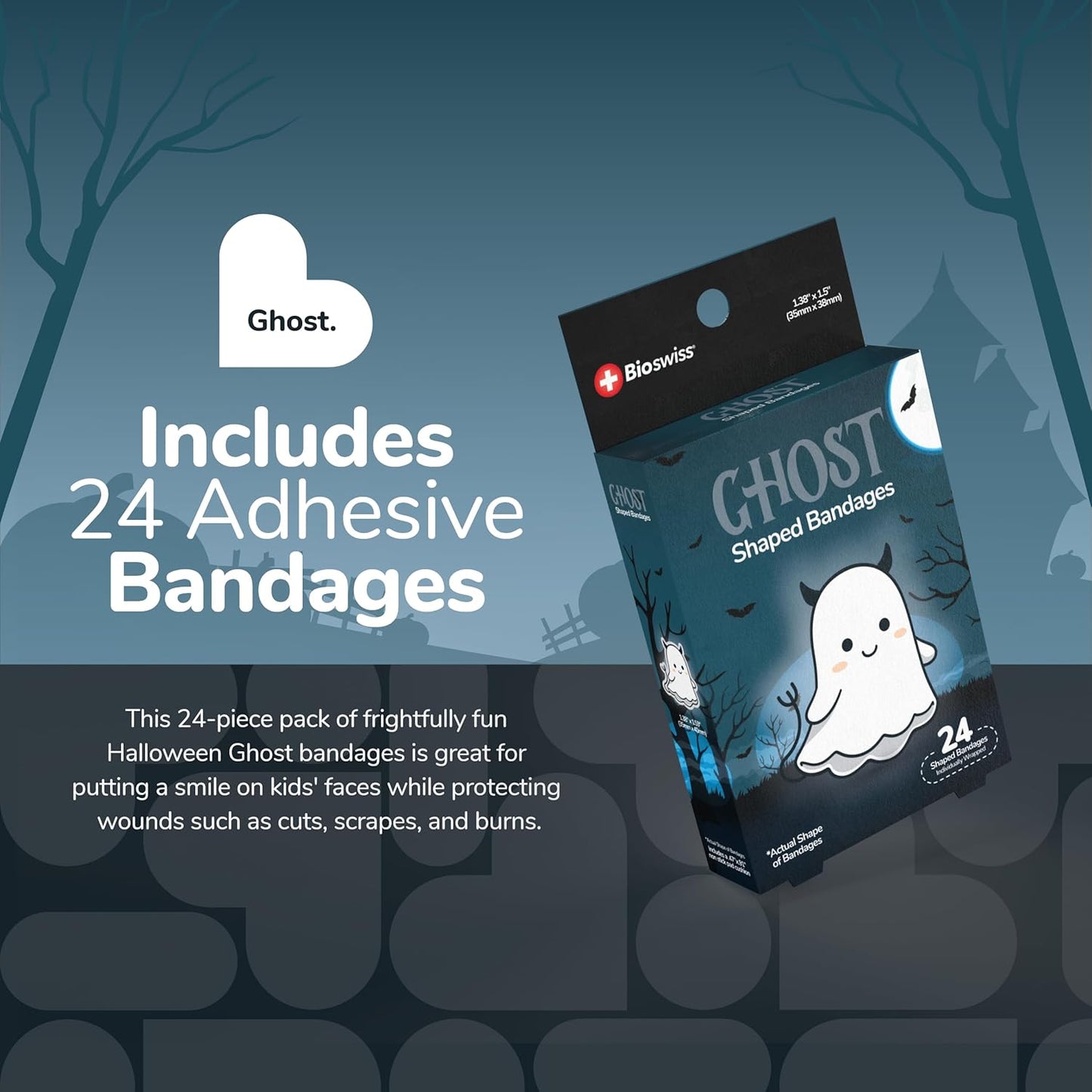BioSwiss Bandages, Halloween Ghost Shaped Self Adhesive Bandage, Latex Free Sterile Wound Care, Fun First Aid Kit Supplies for Kids, 24 Count