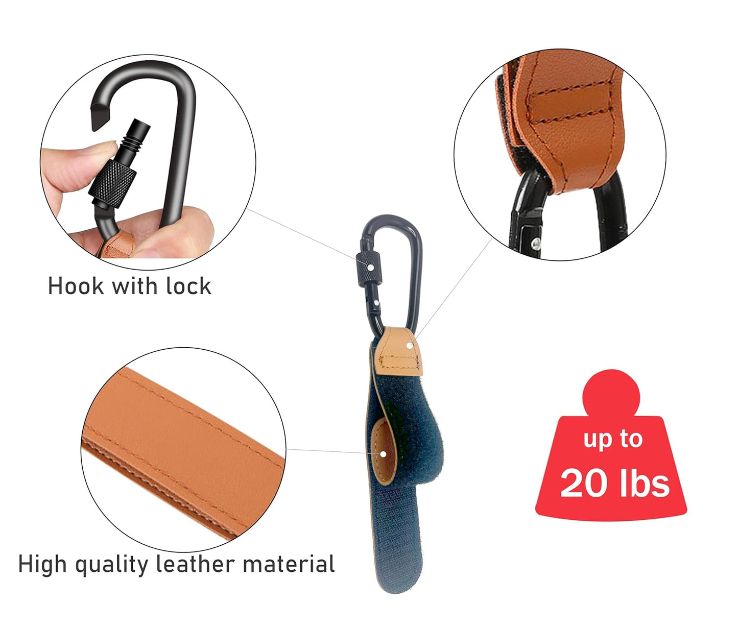 3 Pcs Baby Stroller Hook, Carry 20 lbs per Stroller Carabiner Clip, Adjustable Baby Stroller & Car Seat Hook for Hanging Diaper Bag, Wheelchair, Shopping and Pet Cart(Leather)