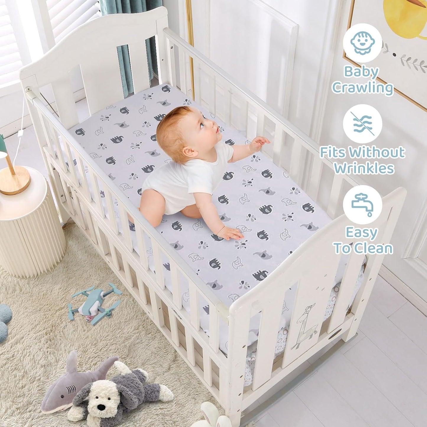 Wowelife Mini Crib Bedding Set for Boys, Premium 3-Piece Elephant Baby Bedding Set Elephant, Baby Nursery Comforter Bed Set with Crib Comforter, Skirt and Sheet, Gray