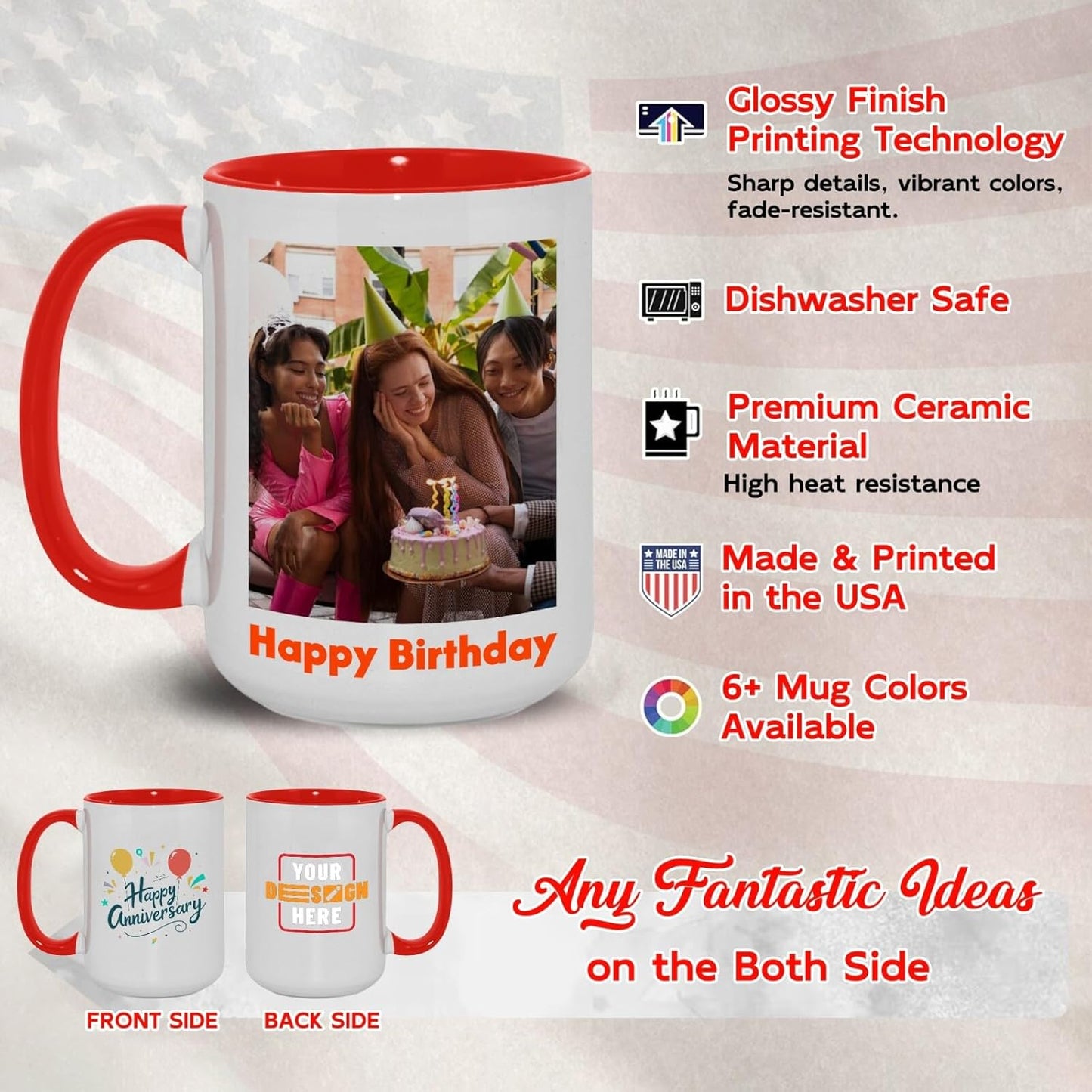 Ship Next Day Custom Mug Design Your Own Photo Text Personalized Picture Gifts for Women Men Customized Gifts Idea Personalized Coffee Mugs 11oz Red Handle