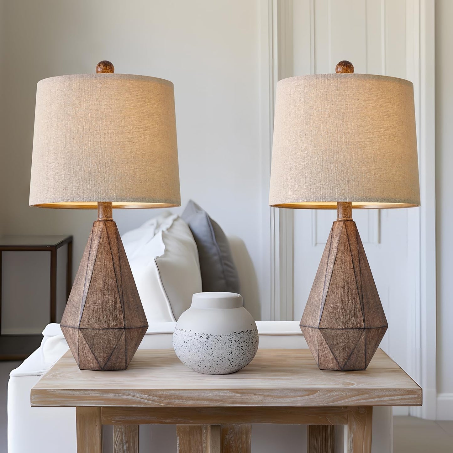 PoKat 20.25" Retro Farmhouse Table Lamp Set of 2 - Living Room & Bedroom Rustic Linen Bedside Nightstand Lamps for Kids, Study, Office - Resin, Suitable for Small Places