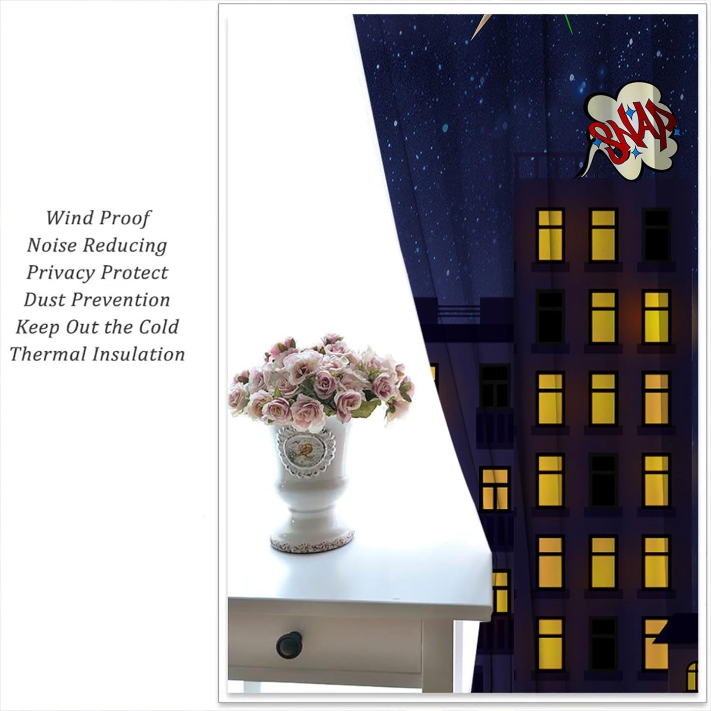 Super Hero Rod Pocket Blackout Curtains for Boy Girl Bedroom, Exploding City Starry Cartoon Skyline Home Energy Efficient Light Filtering Window Curtain for Living Room, 84x84 inch
