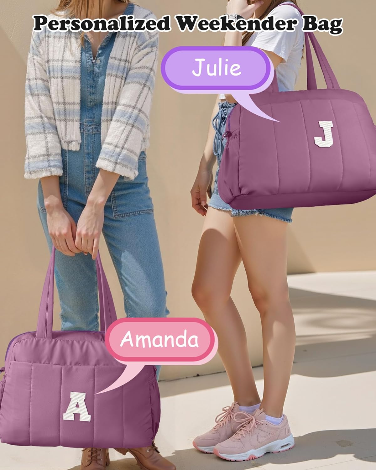 Duffle Bag with Initial, Spend The Night Bags for Women，Overnight Bag with Wet Pocket，Lightweight Travel Bags Personalized Gym Tote with Makeup Pouch