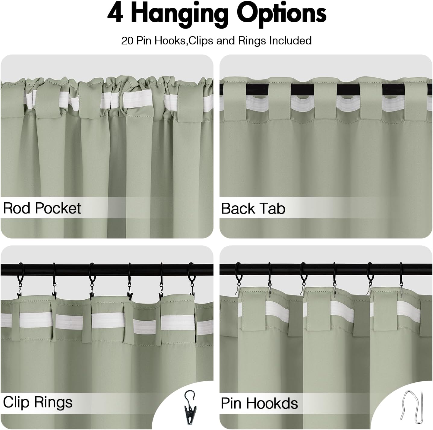 ANRODUO 96 Inch Long Blackout Curtains Sage Green Thermal Insulated Room Darkening Drapes with Hooks, Rings, Clips for Living Room Bedroom 2 Panels Set