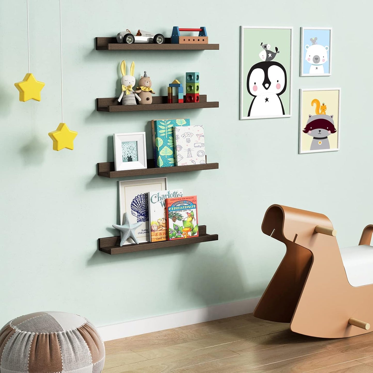 Forbena Rustic Picture Ledge Shelf Set of 4, Floating Picture Shelves for Wall with Lip, Wood Photo Ledge Shelves for Bedroom, Living Room, Office, Wall Decor (23.1 Inch Wide, Dark Brown)