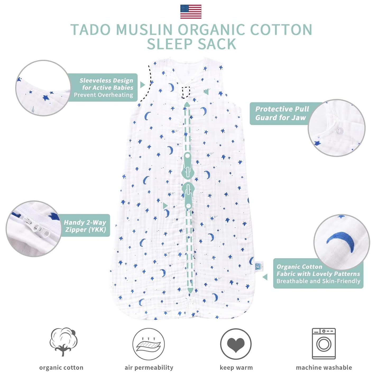 Toddler Sleep Sack for 2-4T Baby, Organic Cotton Wearable Blanket for Boys and Girls 0.5 TOG 2-Way Zipper Soft 4 Layers X-Large Star Moon
