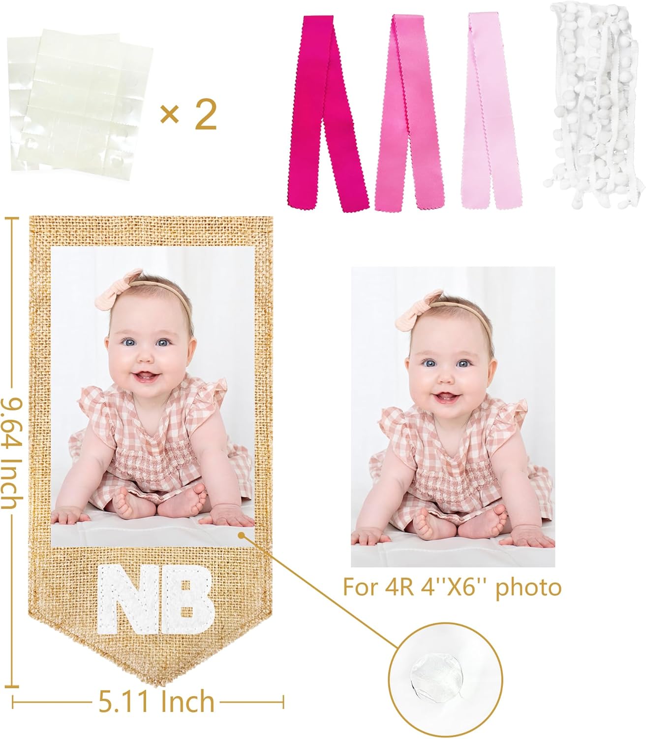 pinkblume 1st Birthday Burlap Photo Banner Garland Handmade Felt from Newborn to 12 Months with Gradient Pink Ribbon for Baby Girl Monthly Milestones First Birthday Party Decorations Supplies