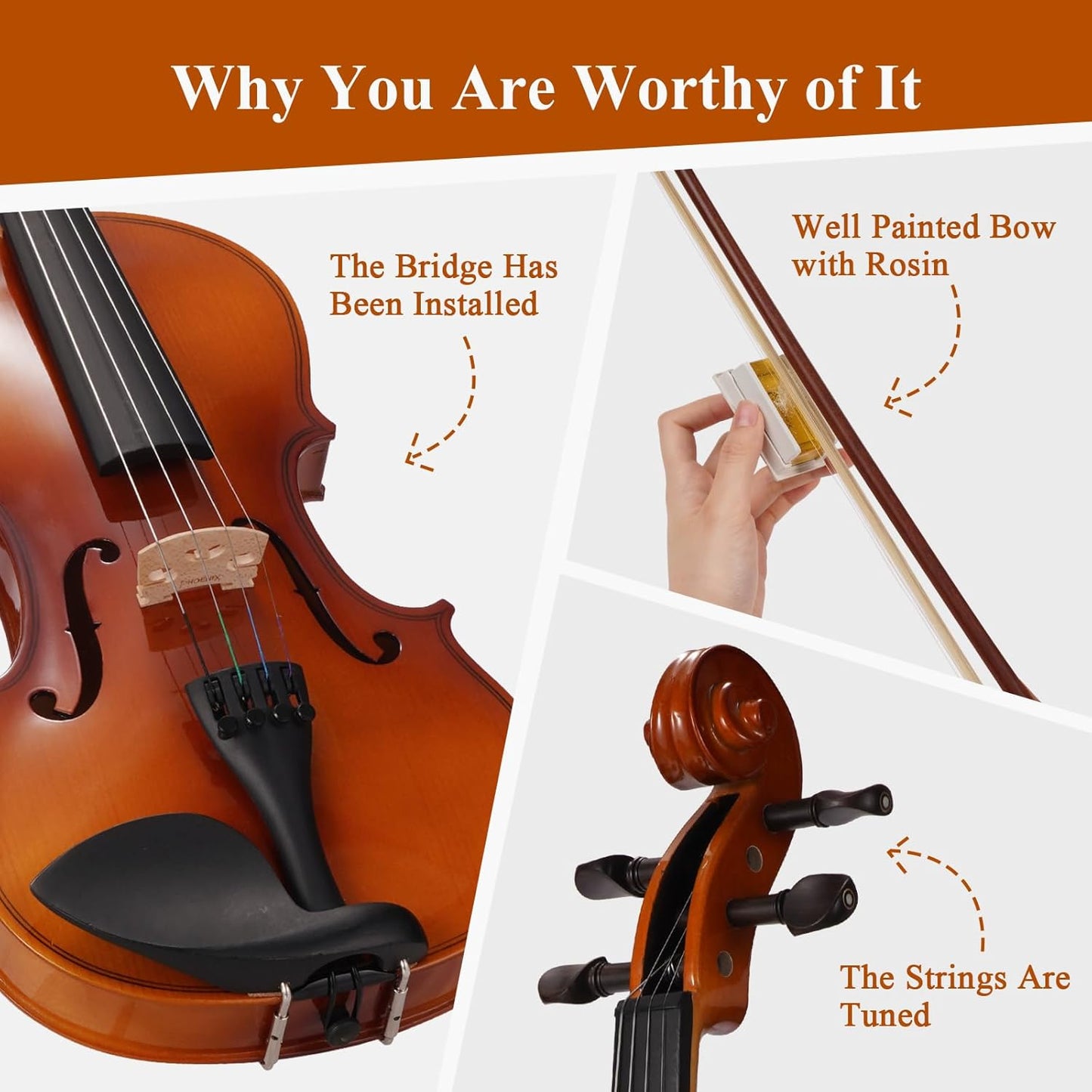 Violin 4/4 Full Size Kit for Adults Beginner, Violin Fiddle Set for Student with Rosewood Bow, Extra Strings&Bridge, 2 rosins, Tuner, Fingerboard Stickers, Shoulder Rest, Case (Plywood)