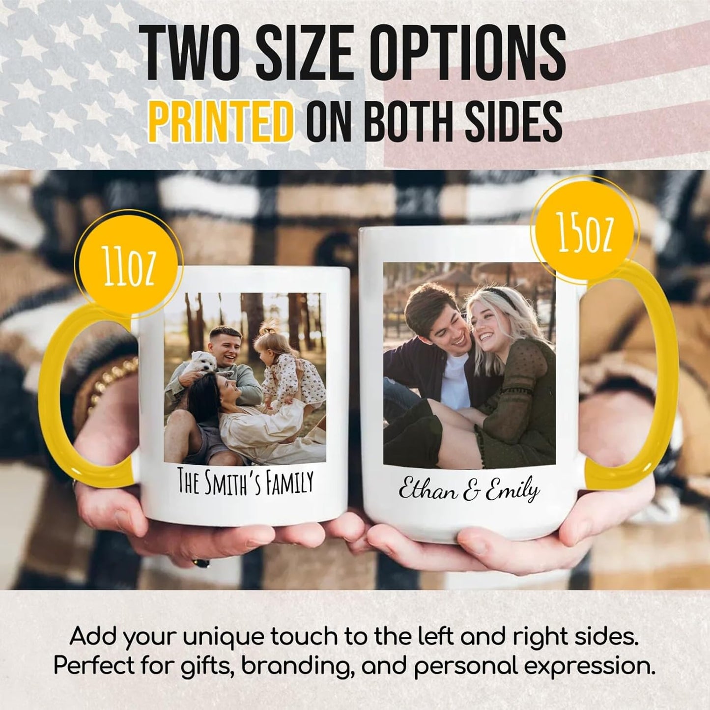 Ship Next Day Custom Mug Design Your Own Photo Text Personalized Picture Gifts for Women Men Customized Gifts Idea Personalized Coffee Mugs 11oz Yellow Handle