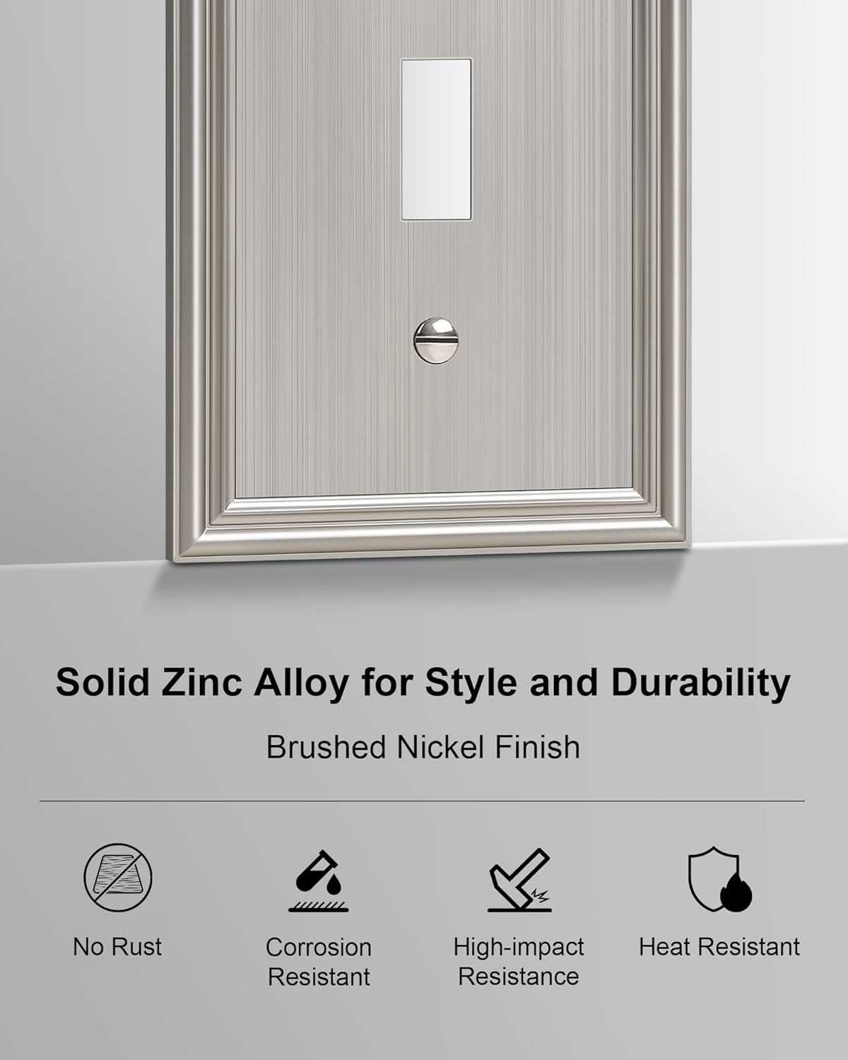 2-Pack Single Toggle Light Switch Cover Plate, Durable Solid Zinc Alloy Decorative Switch Plate Covers, Brushed Nickel 1 Gang Wall Plate, Corrosion Resistant