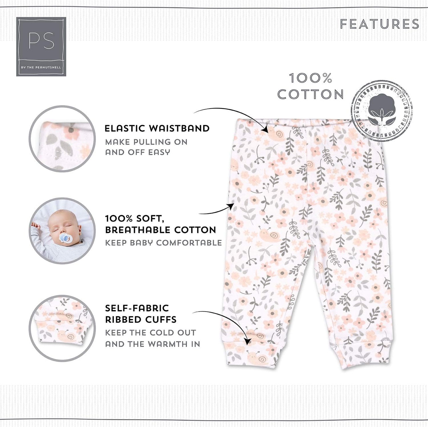 The Peanutshell 5 Pack Baby Girl Pants Set - 100% Cotton Toddler Pants for 0-24 Months Clothes for Toddlers & Babies - Flower