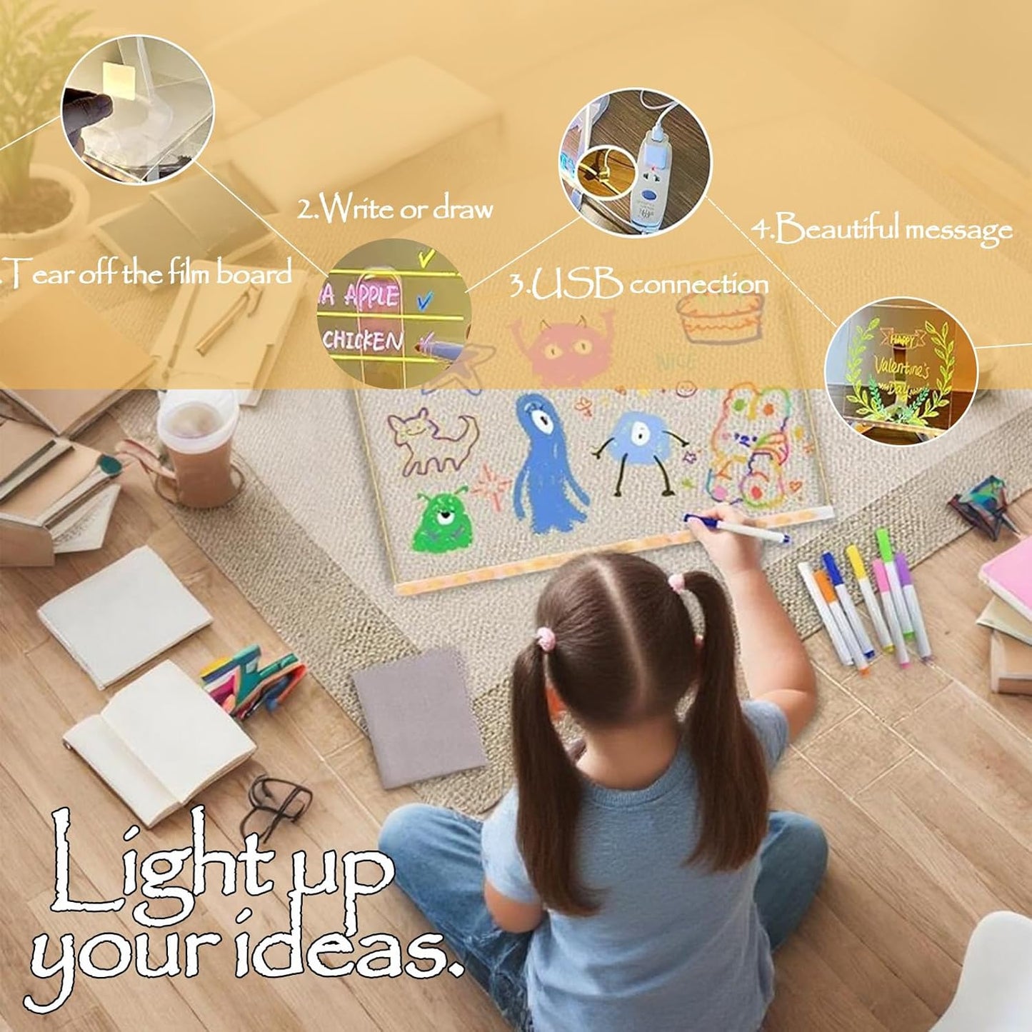 LED Note Board with 7 Colors Pen, 2025 New Acrylic Message Marker Board with Stand, Lighted Acrylic Dry Erase Board Illuminated Drawing Board Light with Colors for Office Home Christmas (30 * 20cm)