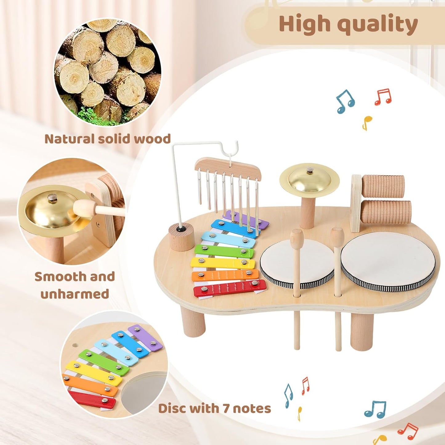 Promise Babe Wooden Musical Instruments for Toddlers 1-3, Percussion Instruments for Kids Baby Drum Set Xylophone, Montessori Educational Musical Toys, Gifts for Girls Boys Ages 3+