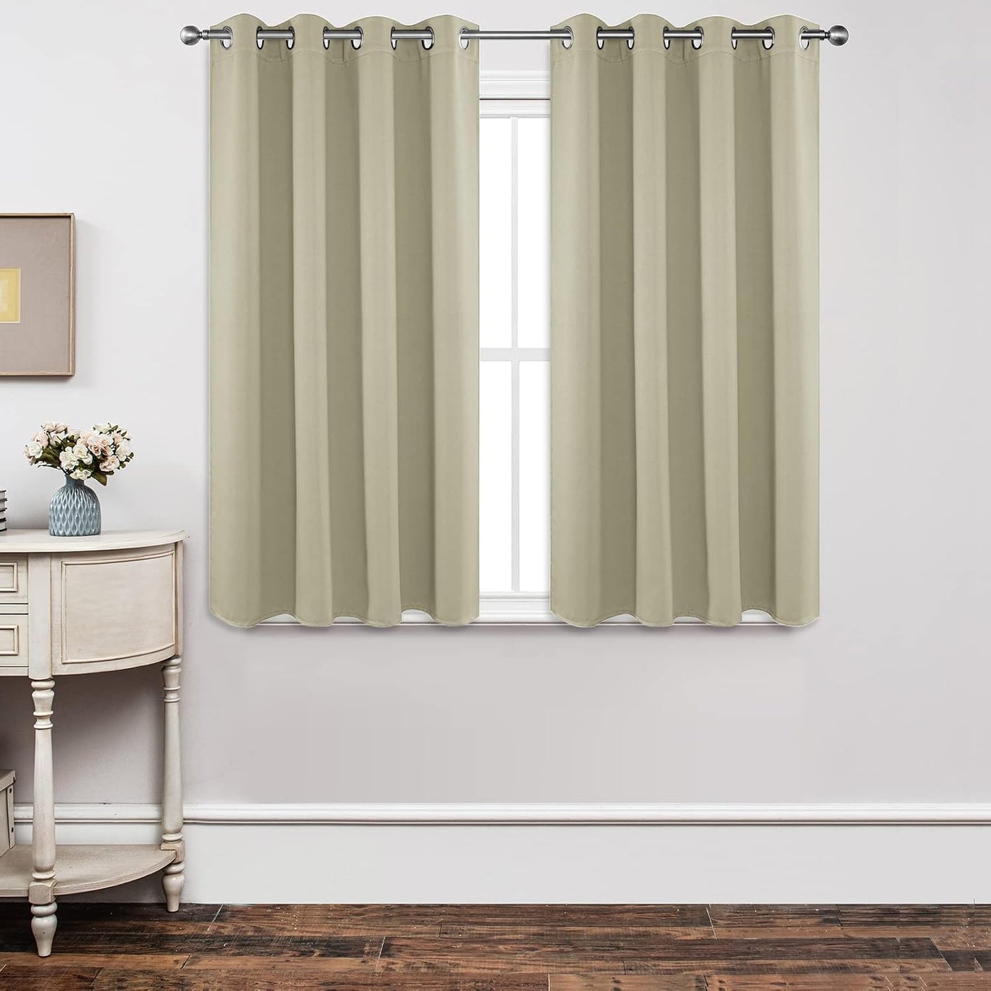 Joydeco Blackout Curtains 45 Inch Length 2 Panels Set, Thermal Insulated Long Curtains& Drapes 2 Burg, Room Darkening Grommet Drapes for Living Room Bedroom Window (W52 x L45 Inch, Light Beige)