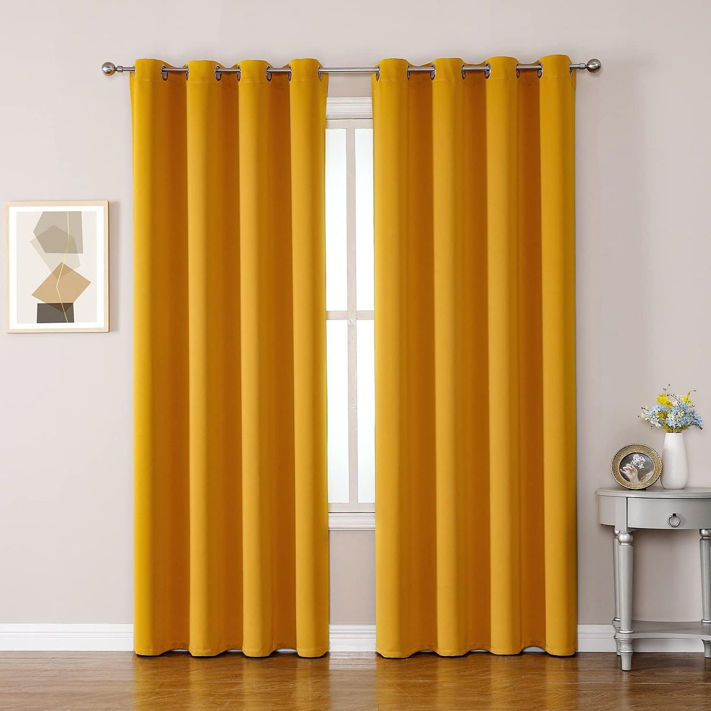 ChrisDowa Grommet Room Darkening Curtains for Bedroom and Living Room - 2 Panels Set Thermal Insulated Blackout Curtains (Mustard Yellow, 52W x 84L)