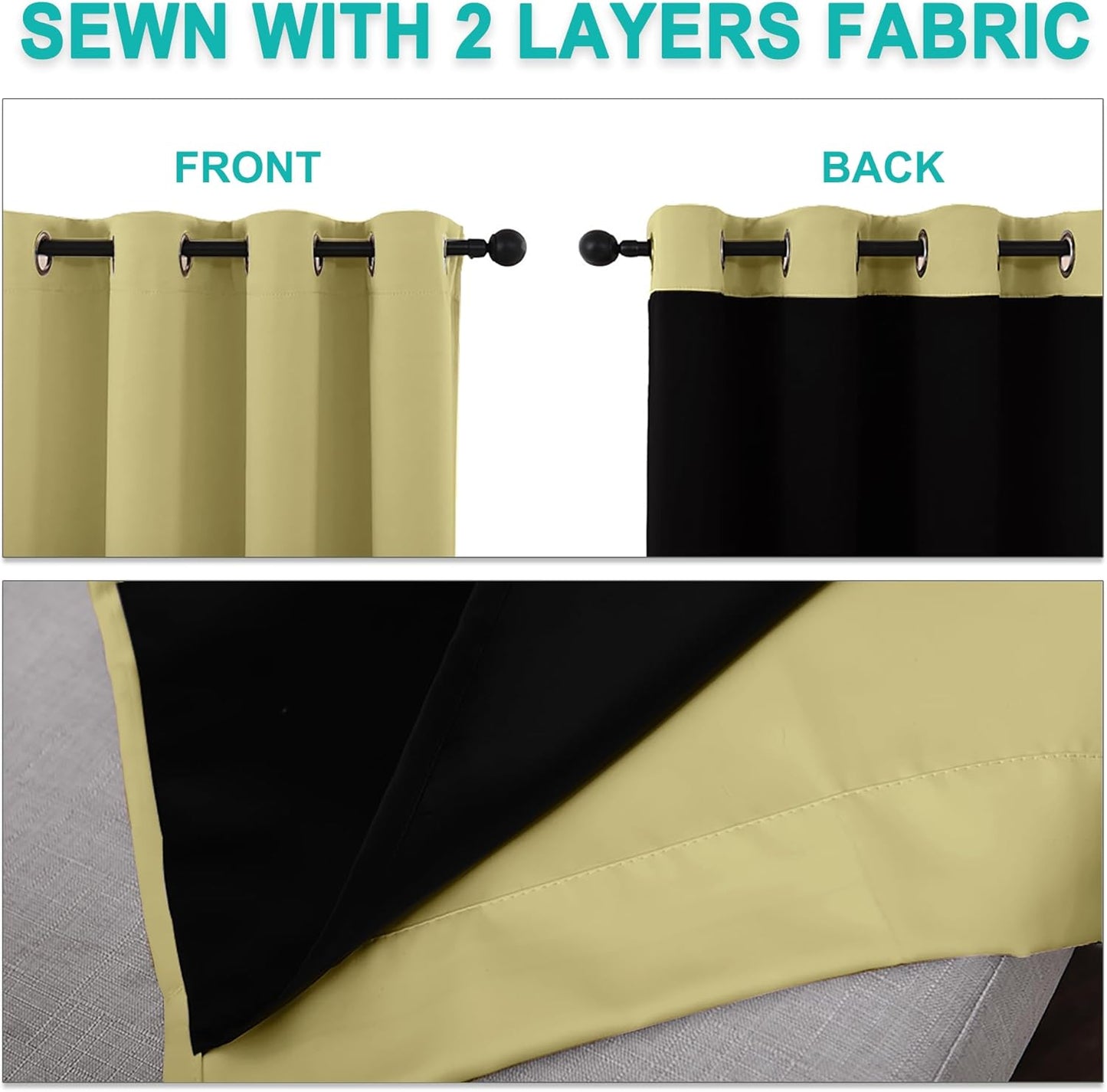 NICETOWN 100% Blackout Curtains with Black Liners, Thermal Insulated Full Blackout 2-Layer Lined Drapes, Noise Cancellation Window Draperies for Dining Room (Paler Yellow, 2 Panels, 55" W by 57" L)