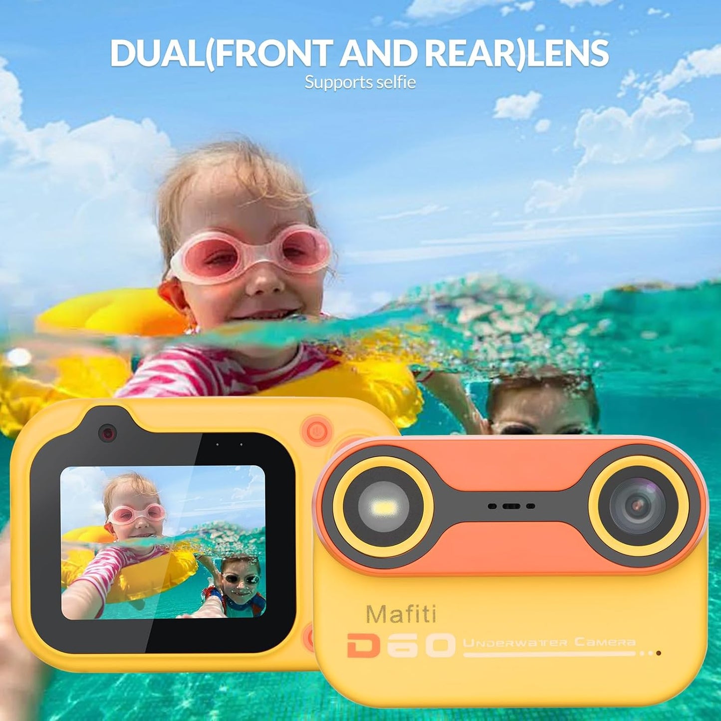 Mafiti Kids Waterproof Digital Camera Underwater Camera for Snorkeling and Diving 48MP 1080P HD Digital Camera with 2.4" IPS Display USB Rechargeable for Videos and Photos with 32GB Card Orange