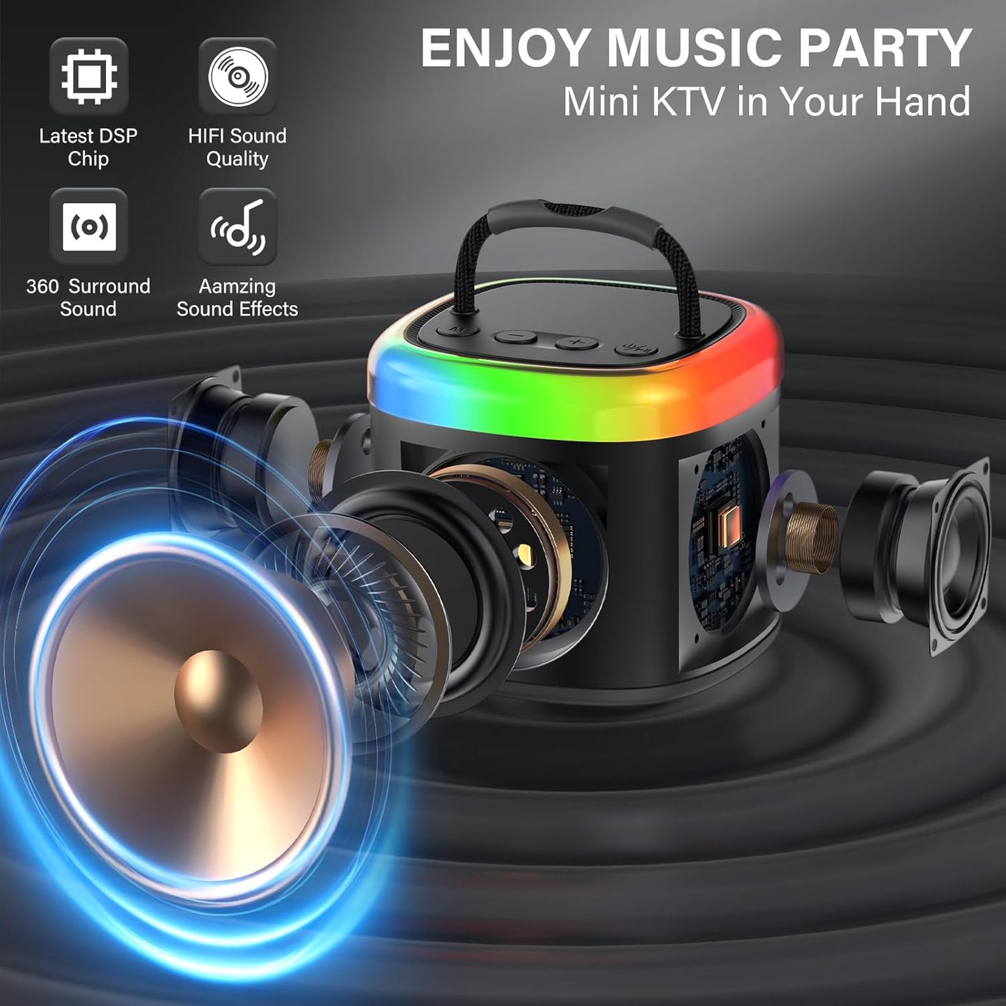 JYX Mini Karaoke Machine for Kids - Black Bluetooth Speaker Unpowered Cabinets with Party Lights and 1 Wireless Microphone, Great for Adults, Ideal for Family Home Parties and Birthday Gifts