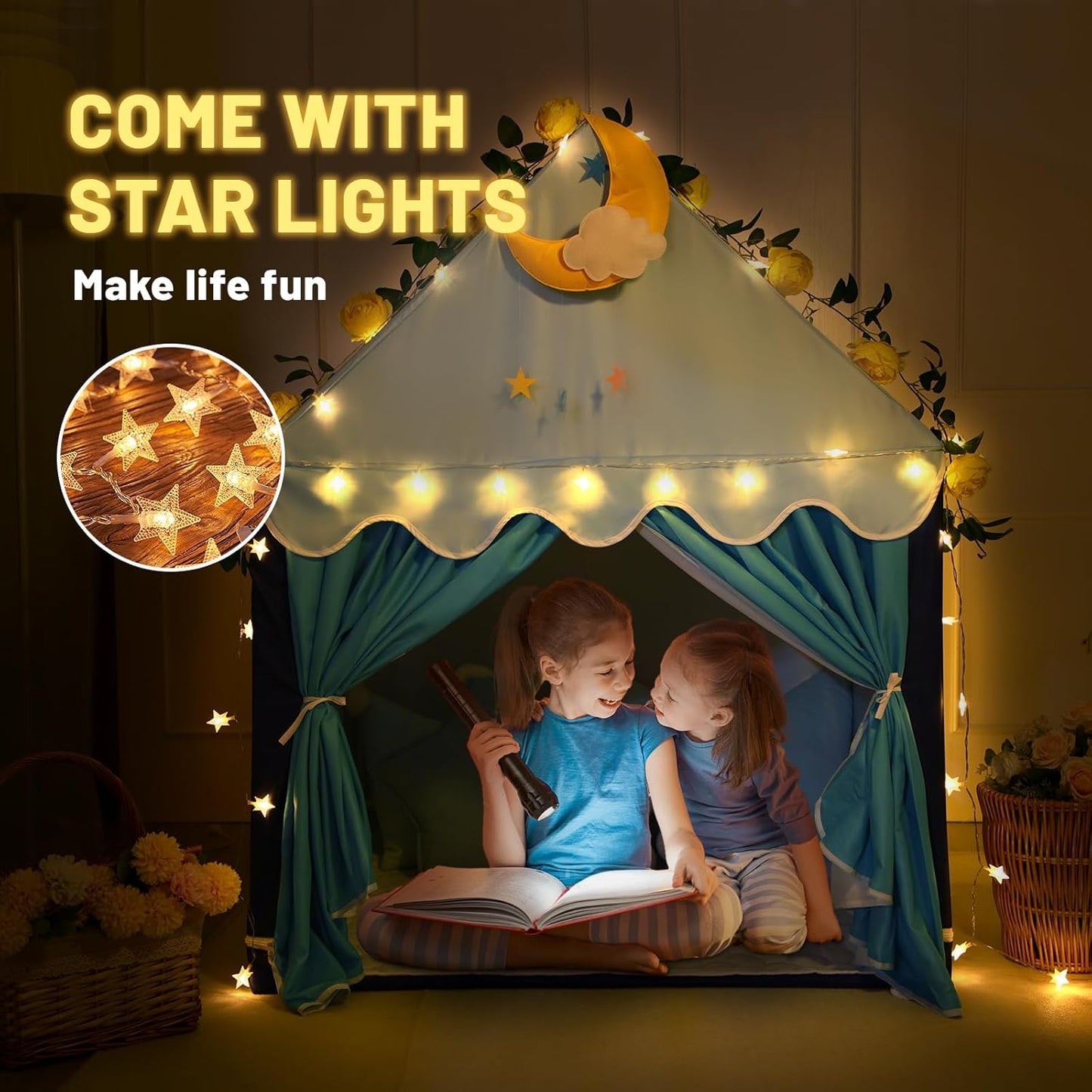 Wilwolfer Kid Tent with Mat, Star Lights - Kids Play Tents for Toddlers Kids Tents Indoor Playhouse - Princess Tent for Girls Toy House Gift (Blue with Cloth)