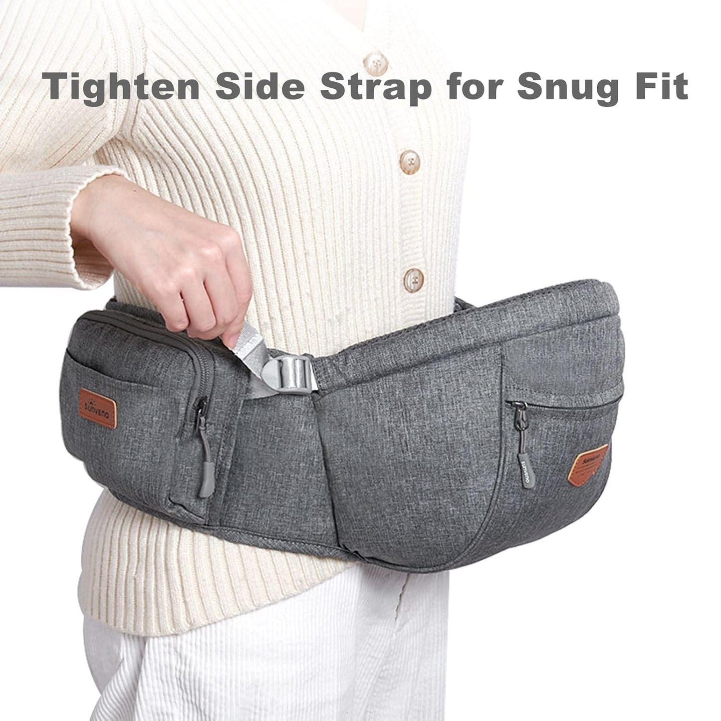 SUNVENO Baby Hip Carrier with Hip Seat, CPC-Certified, Ergonomic Infant Carrier for Newborns & Toddlers up to 45 lbs, Adjustable Waistband, Multiple Pockets, All-Season, Grey