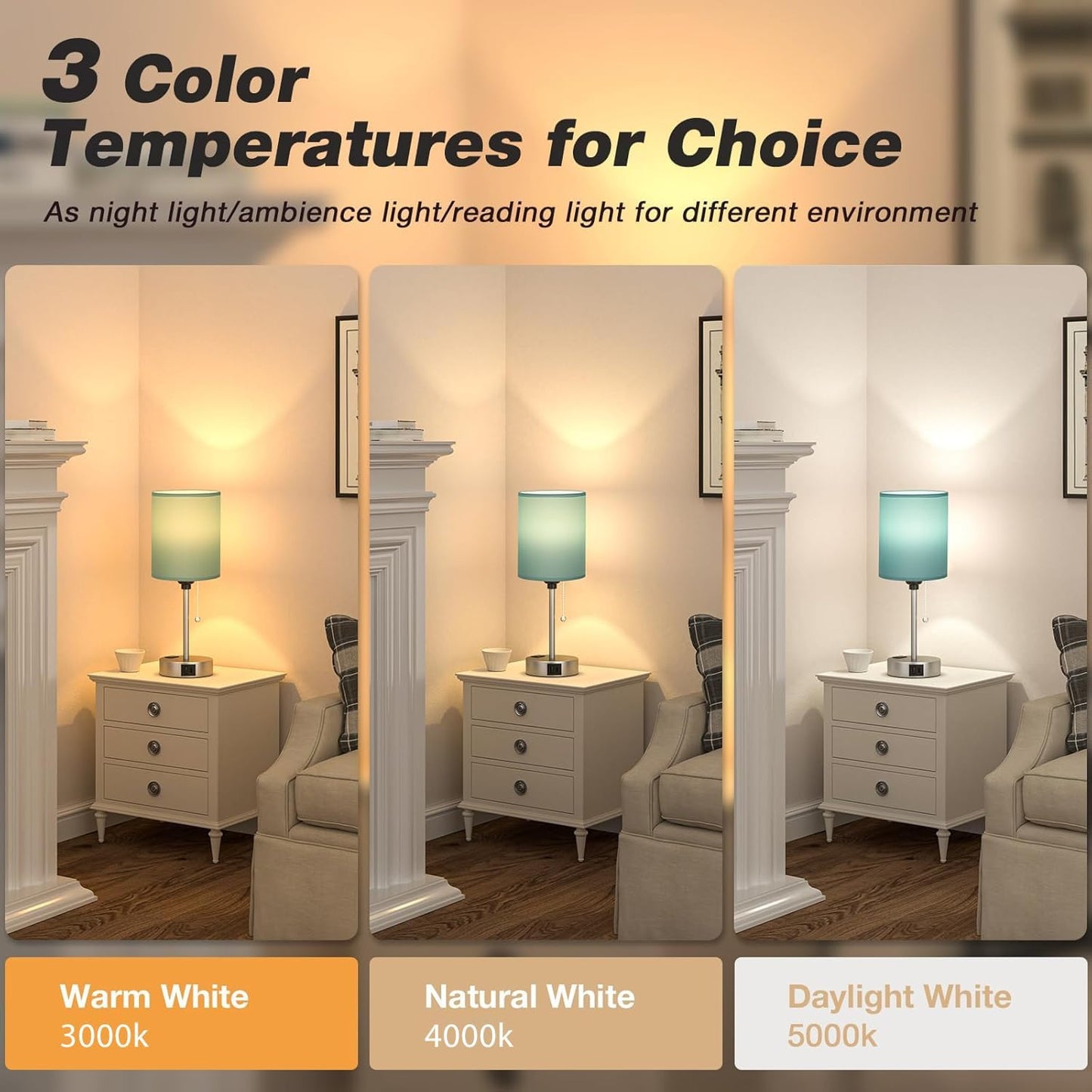 Teal Bedside Lamp for Nightstand - 3 Color Temperature Table Lamp with USB C and A Ports, Pull Chain Lamp for Bedroom with AC Outlet, Coastal Desk Lamp with Silver Metal Base for Kids Girls