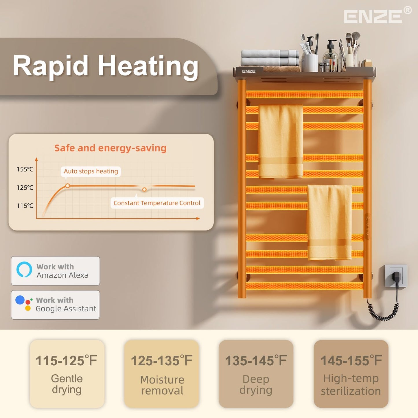 ENZE Heated Towel Rack with Shelf and Wi-Fi App Control, 11 Bars Electric Wall Mounted Towel Warmer with Timer & Adjustable Temperature, Low Carbon Steel, Plug-in/Hardwired, Gray