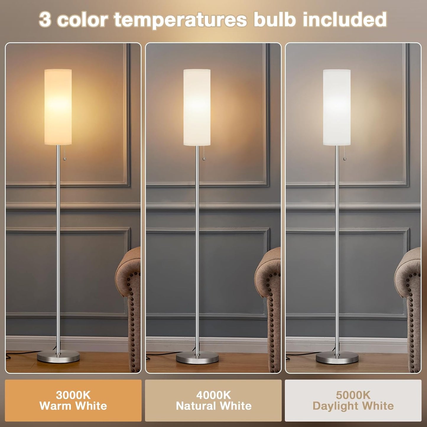 Ambimall Floor Lamp for Living Room with 3 Color Temperatures Bulb, 64" Standing lamp with Linen lampshade for Bedroom, Minimalist Pole Lamp, White Shade & Silver Pole