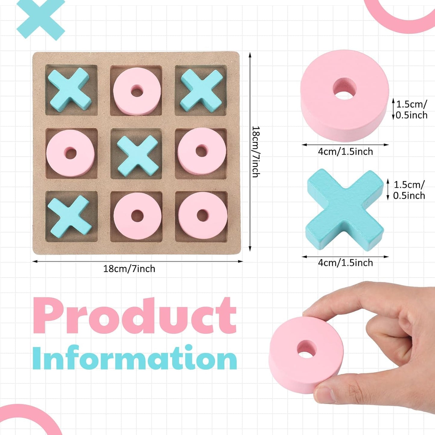 Wooden Tic Tac Toe Game Tic Tac Toe Board Game 7 Inch Wood Board Table Top Living Room Decor Fun Family for Family Night Indoor Outdoor Party Adults Classic Travel (Pink Blue)