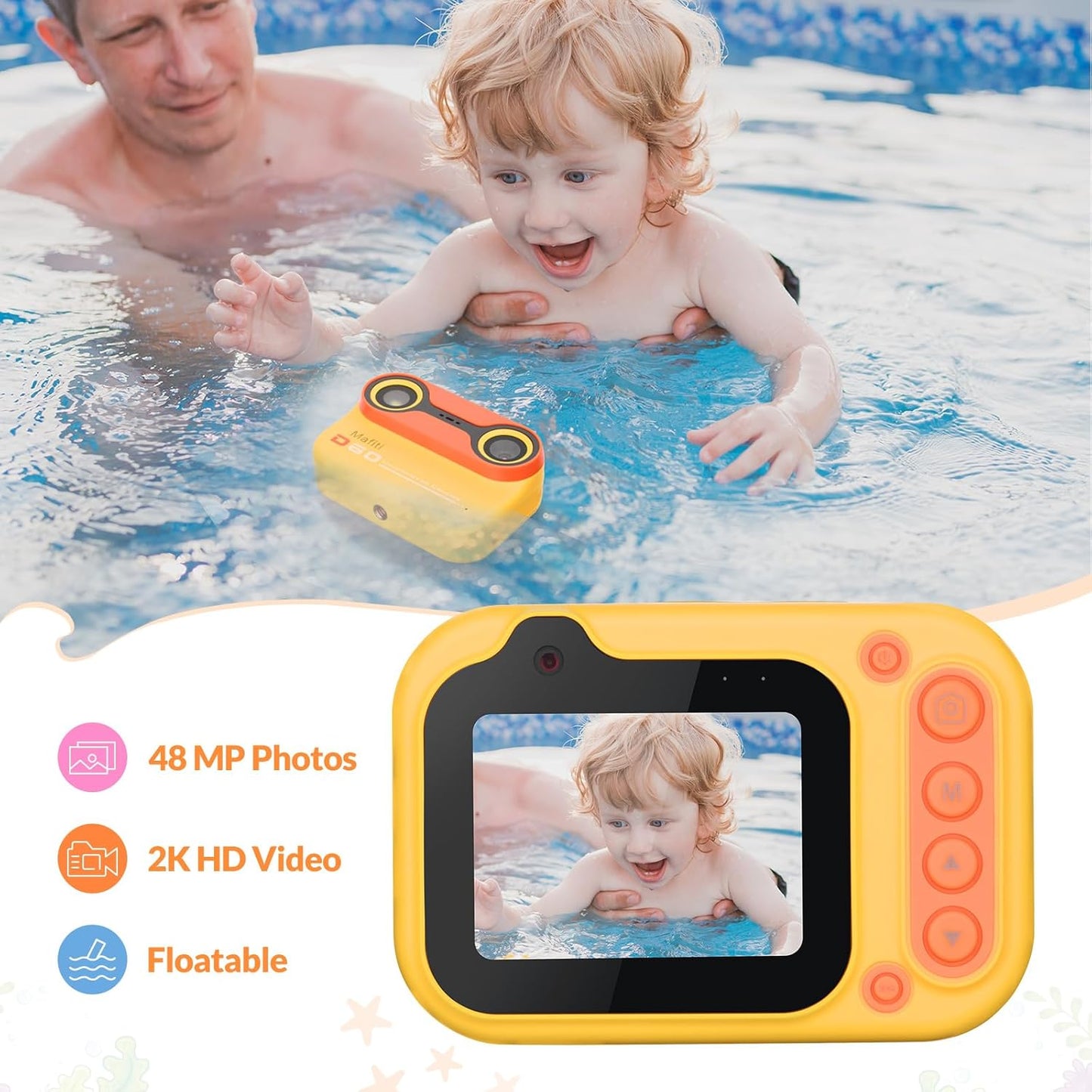 Mafiti Kids Waterproof Digital Camera Underwater Camera for Snorkeling and Diving 48MP 1080P HD Digital Camera with 2.4" IPS Display USB Rechargeable for Videos and Photos with 32GB Card Orange