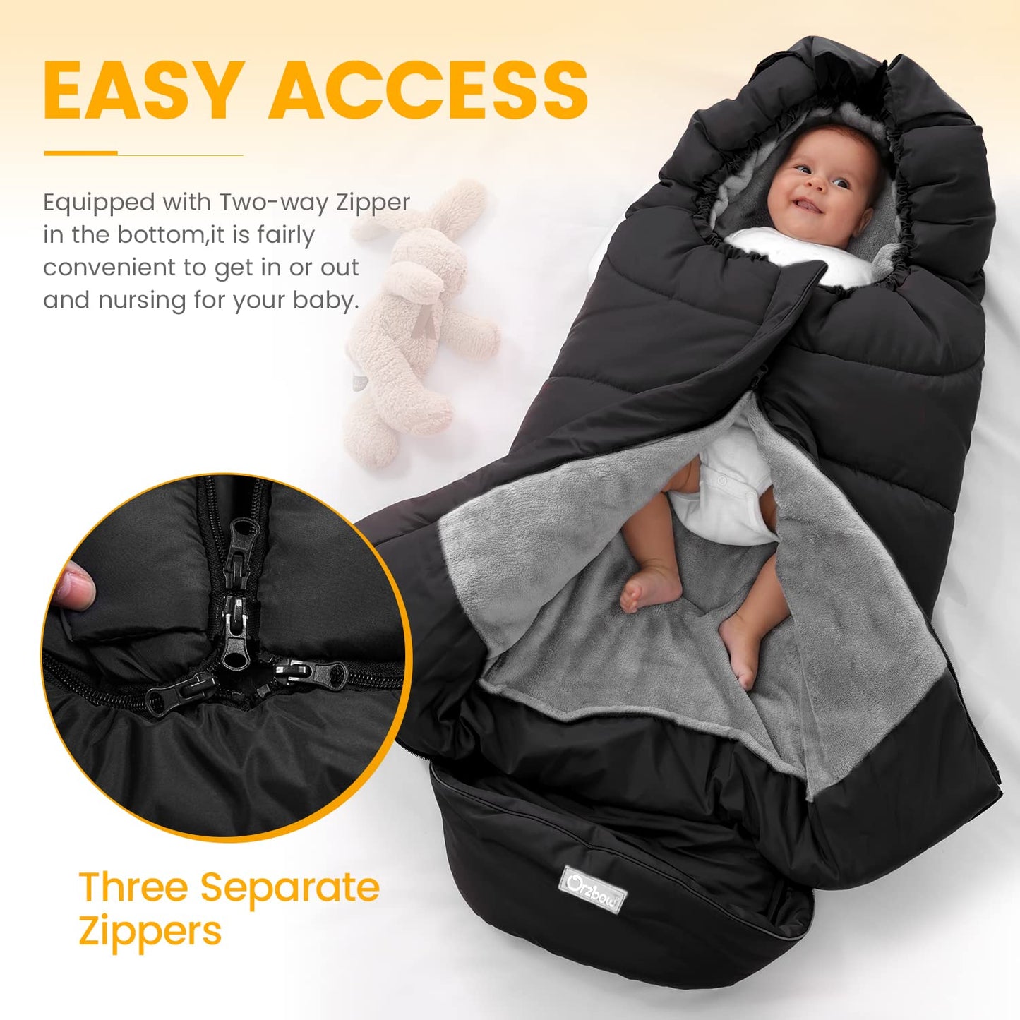 Orzbow Warm Bunting Bag Universal, Stroller Sleeping Bag Cold Weather, Waterproof Toddler Footmuff (Black, Large)