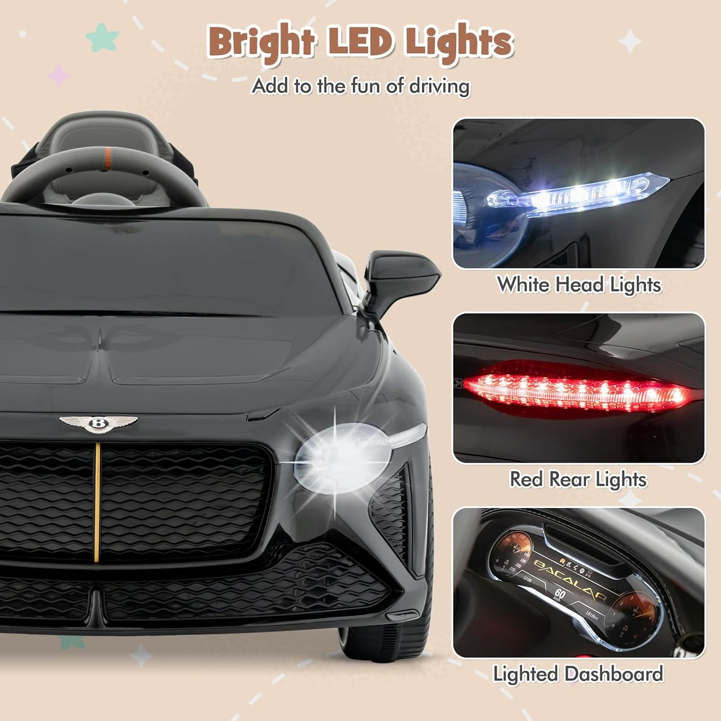 Costzon Ride on Car, 12V Licensed Bentley Bacalar Battery Powered Kids' Electric Vehicles w/Remote Control, Scissor Doors, Wireless Connection, Lights/Sound Effects, Kids Car Toys for Toddlers(Black)