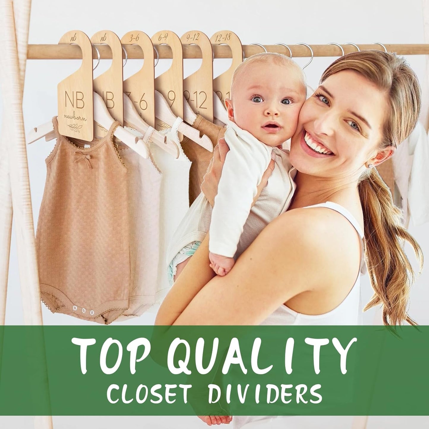 Wooden Baby Closet Dividers - 8 Pcs Double-Sided Design for Newborn Nursery Room Wardrobe Storage by Months Size - Perfect Toddler Clothes Organizer