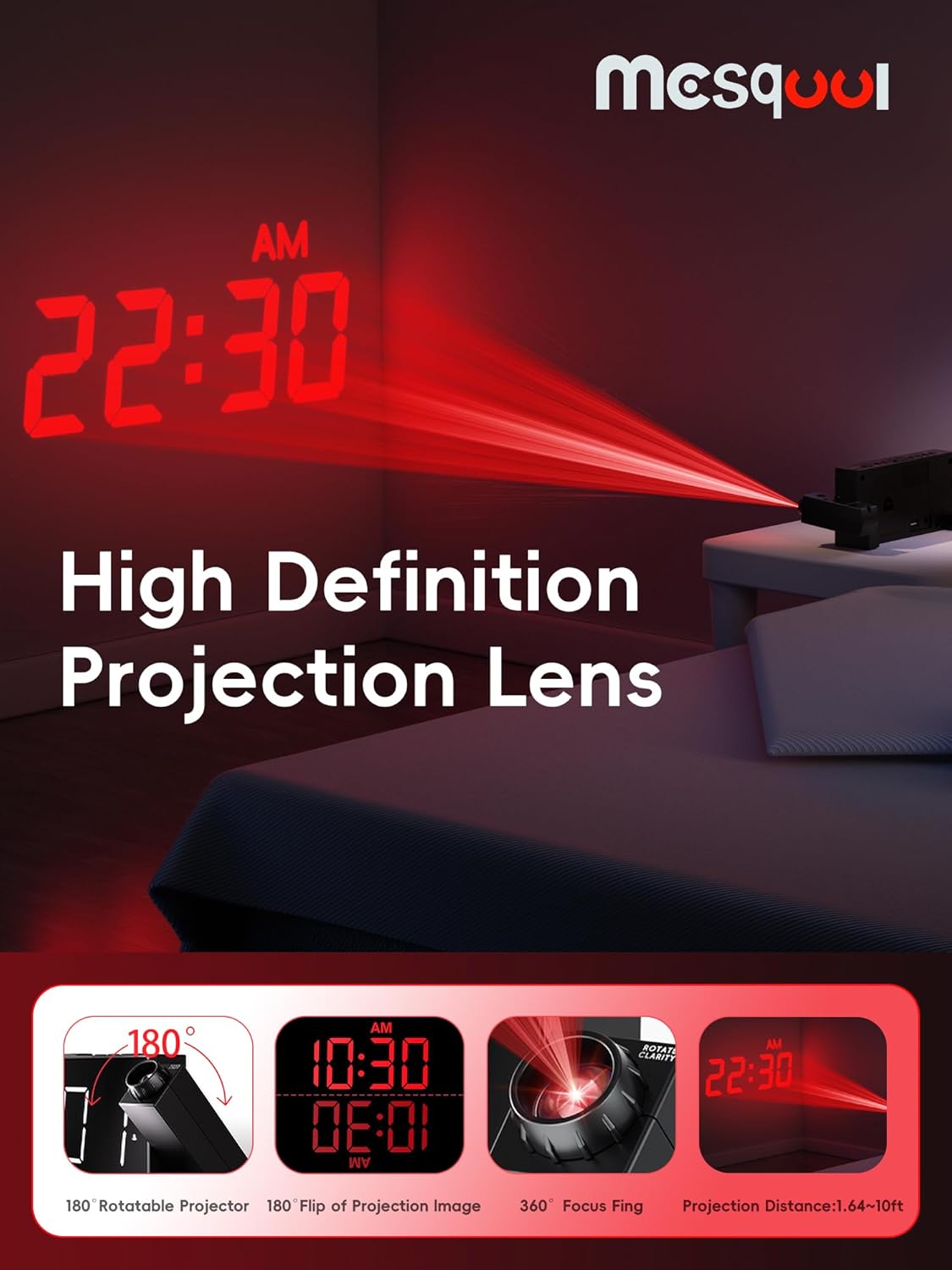 Digital Projector Alarm Clocks for Kids Bedroom,Plug-in LED Display Clock with 180° Projection on Ceiling Wall,Dual Alarms for Heavy Sleepers,Battery Backup,USB Charging Port,Easy-to-Set,Dimmer,Snooze